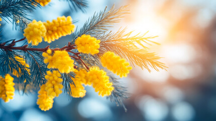A tree branch is filled with yellow flowers, and the sun is shining brightly on them. The sunlight highlights the bright yellow petals, creating a warm and inviting atmosphere