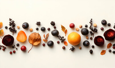 Autumn fruits, leaves, floral flatlay, white background, food blog