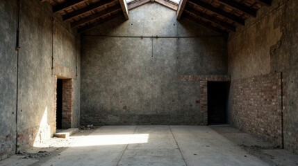 Obraz premium Sunlit Interior of a Derelict Building with Exposed Brick and Concrete Walls