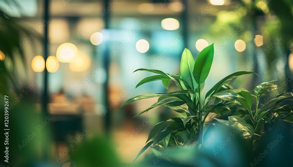 Poster lush green leaves with blurred indoor background in a modern space emphasizing nature and serenity i