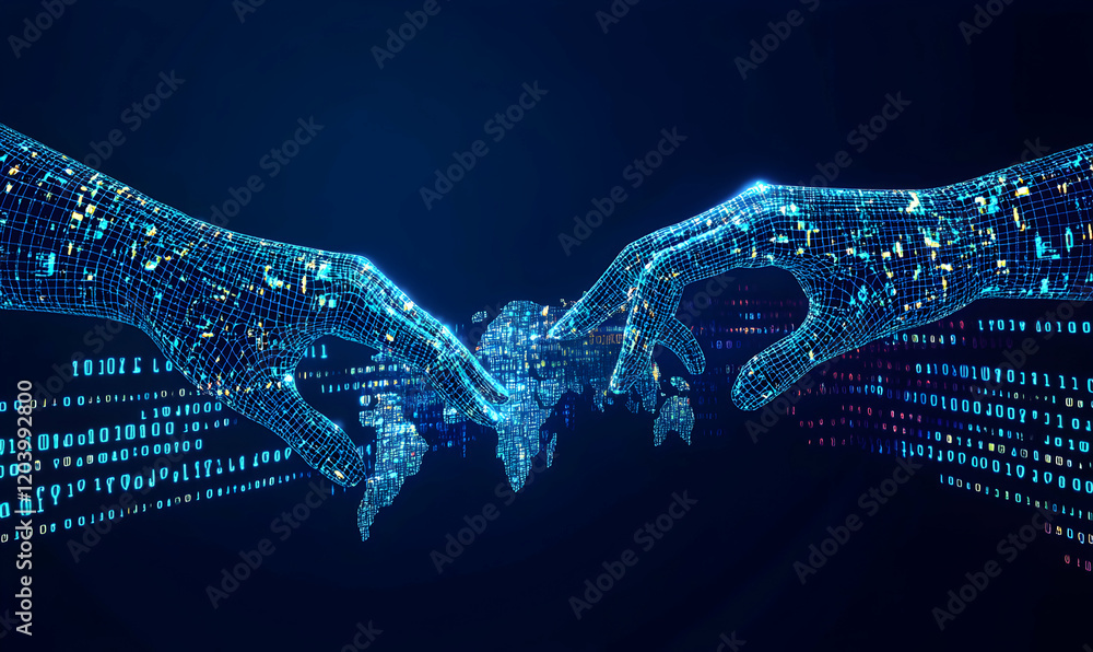 Poster abstract digital hands interacting with a glowing world map, representing global connectivity and da