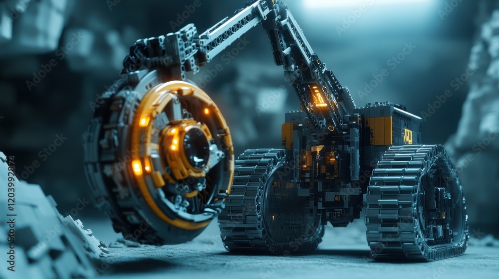 Poster futuristic robotic vehicle with glowing wheels navigating a rocky terrain in a dimly lit environment