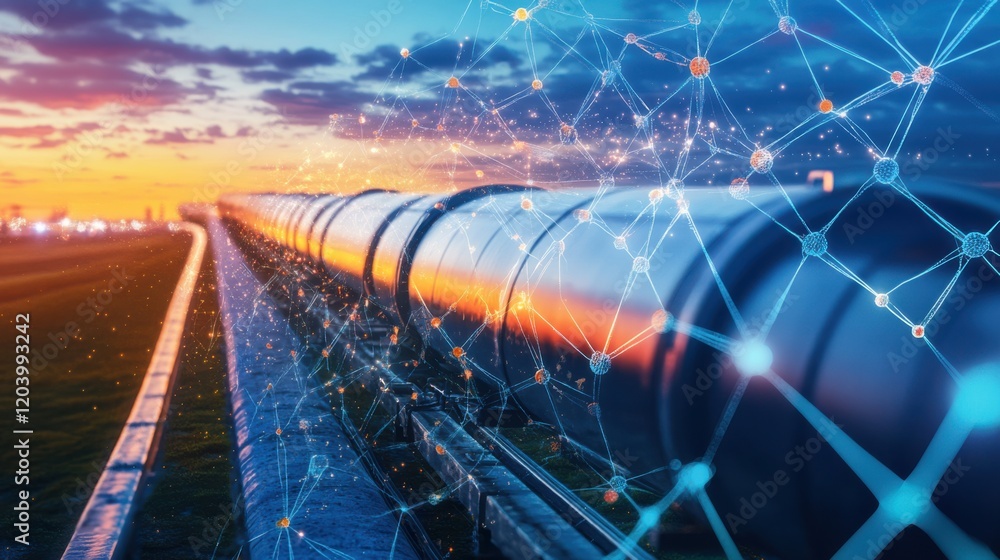 Poster sunset over a long pipeline with digital connections symbolizing technology and infrastructure