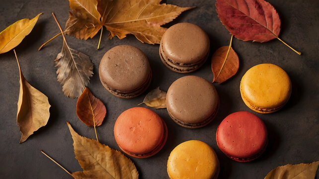 Composition de macarons marrons, rouges et jaunes aux couleurs de l'automne 