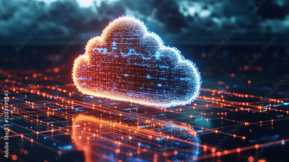 Poster futuristic digital cloud symbolizing data storage and connectivity against a tech backdrop