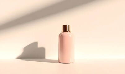 Pink cosmetic bottle with gold cap in soft light.