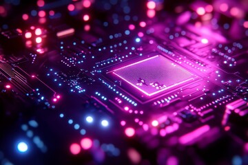 Obraz premium Futuristic background with illuminated chip and circuit patterns glowing in vibrant blue and purple hues, showcasing high-tech and dynamic design for AI or computer technology.