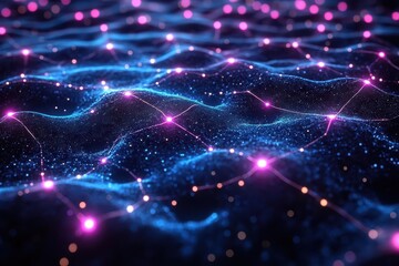 abstract digital landscape of neural networks and ai connections glowing blue and purple nodes forming intricate patterns against dark background
