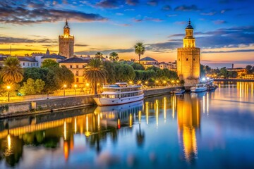 Fototapeta premium Seville Night View: Torre del Oro & Giralda Illuminated