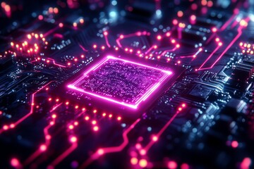 Obraz premium Futuristic background with illuminated chip and circuit patterns glowing in vibrant blue and purple hues, showcasing high-tech and dynamic design for AI or computer technology.