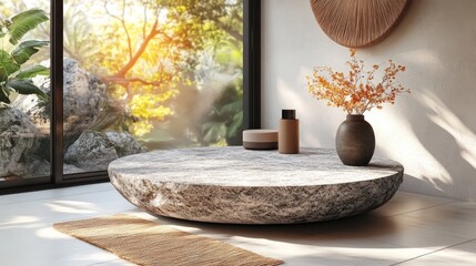 Fototapeta premium Modern interior with a round stone coffee table, decorative vase, and sunlight streaming through large windows