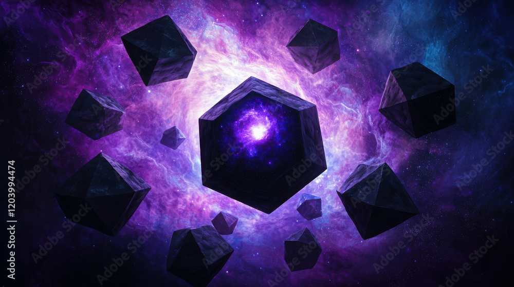 Poster cosmic geometric scene featuring massive floating shapes in a celestial background