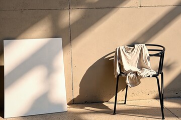  A minimalist setting with a white canvas leaning against a concrete wall accompanied by a black metal chair with an off-white garment draped over its seat