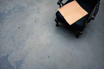 A worn distressed black leather chair with armrests and four legs sits atop a light grey concrete floor accompanied by a piece of paper on its seat 