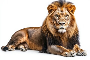 Fototapeta premium Majestic lion with a long mane, lying down and looking at the camera, isolated on a white background, detailed photograph, PNG format.