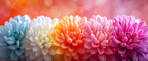 A bouquet of colorful flowers with a pink and white flower in the middle. The other flowers are in various colors, including blue, yellow, and orange