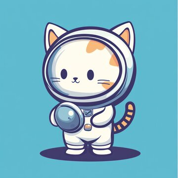Cute cartoon cat astronaut holding a space sphere, adorable character design