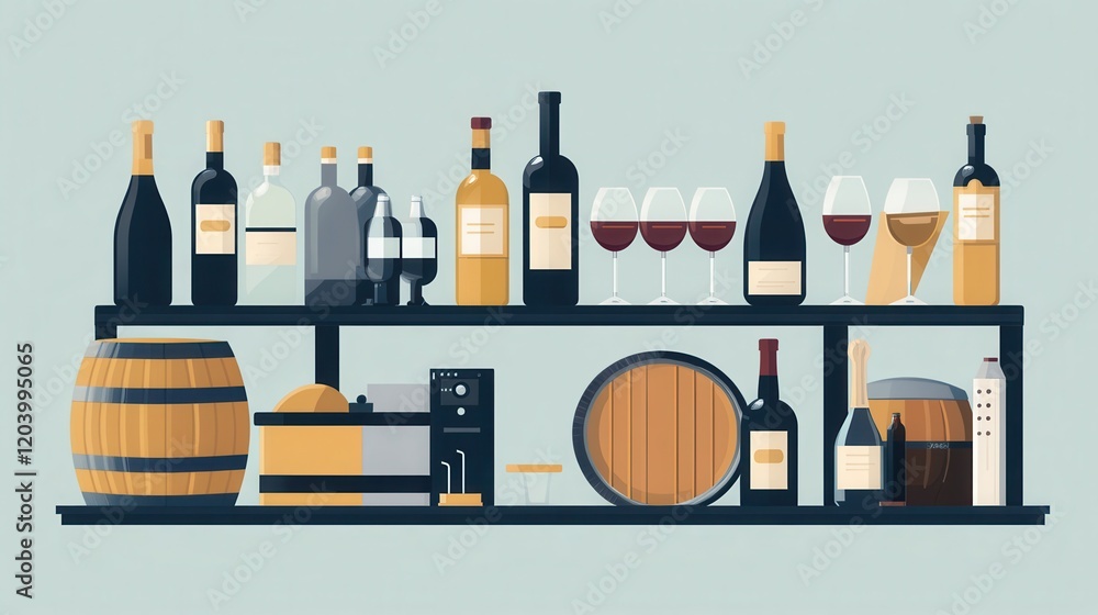 Poster display of assorted wine bottles and glasses on a shelf with barrels and accessories in a minimalist
