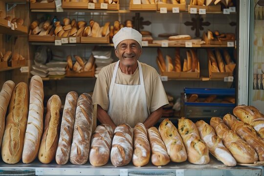 Senior baker smiling behind the counter, proudly presenting a variety of freshly baked bread in his traditional bakery