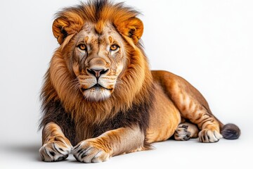 Fototapeta premium Majestic lion with a long mane, lying down and looking at the camera, isolated on a white background, detailed photograph, PNG format.