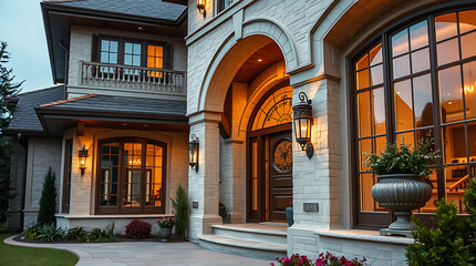 Luxury Home Exterior at Night: Elegant Stone Facade and Grand Entrance.  Real Estate, Architecture, and Residential Design
