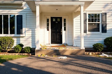  A white house with a black door and windows featuring a porch with a brown mat and a pile of yellow leaves on the ground
