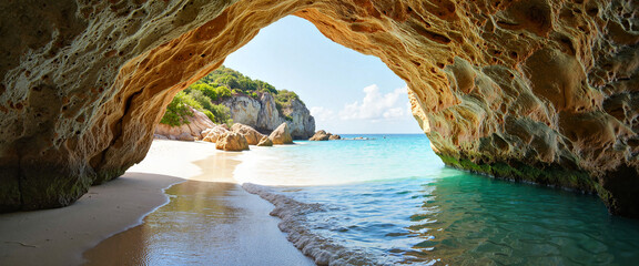 Fototapeta premium Scenic view of turquoise water framed by beach cave, tropical paradise