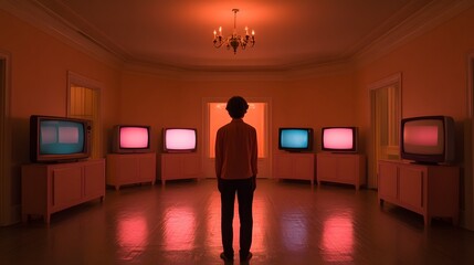 Obraz premium Solitary Figure Amid Glowing Vintage Televisions in Surreal Interior