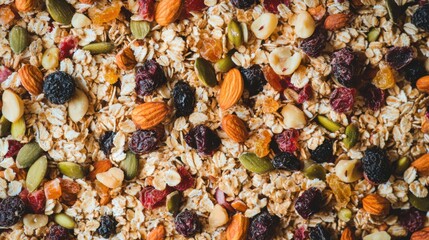 Fototapeta premium Paleo style breakfast: gluten free and oat free muesli made with nuts, dried berries and fruits, top view, selective focus