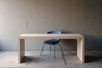  A minimalist office setup featuring a light-colored wooden desk and chair against a plain gray wall with visible cracks and imperfections