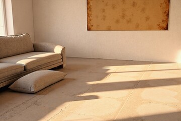  A minimalist living room with a beige couch white walls and a large piece of artwork on the wall