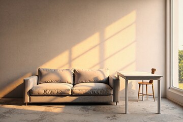  The image depicts a minimalist living room with a beige couch white table and wooden chair against a tan wall with sunlight streaming through large windows