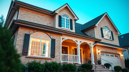 Fototapeta premium Luxury Brick House Exterior at Night: Dream Home in the Suburbs