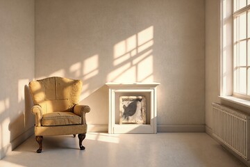  The image depicts a serene and minimalist room with a warm color scheme featuring a comfortable armchair a fireplace and natural light pouring in through the window 
