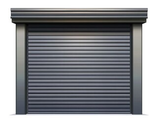  A closed gray garage door with a horizontal roller shutter, isolated on a white background.