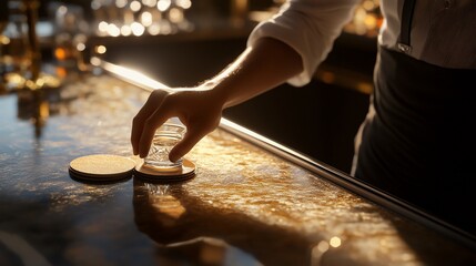 Bartender placing shot glass on bar, sunset