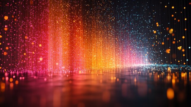 Abstract cascading lights with reflective surface creating a vibrant glowing spectacle for futuristic designs or captivating backdrops - Powered by Adobe