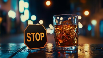 Glass of alcohol with 'stop' sign symbolizes quitting drinking.