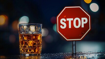 Glass of alcohol beside a stop sign, symbolizing the decision to stop drinking.