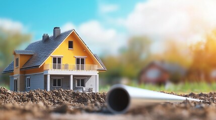 House with exposed sewage pipe, symbolizing construction planning and infrastructure development.