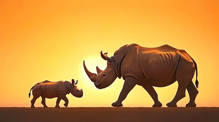 Fototapeta premium Adult and baby rhino at sunset in African savanna; wildlife conservation