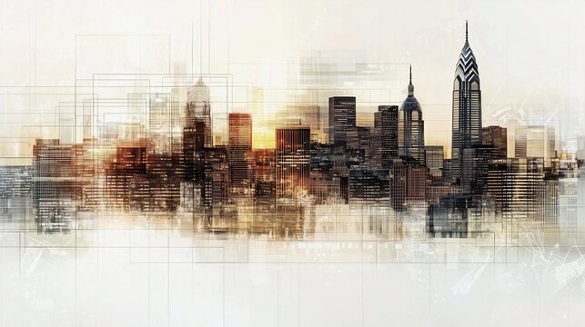 Abstract city skyline with modern architectural elements and digital overlay
