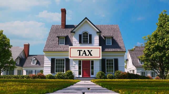 House with 'tax' sign symbolizes property tax obligations.