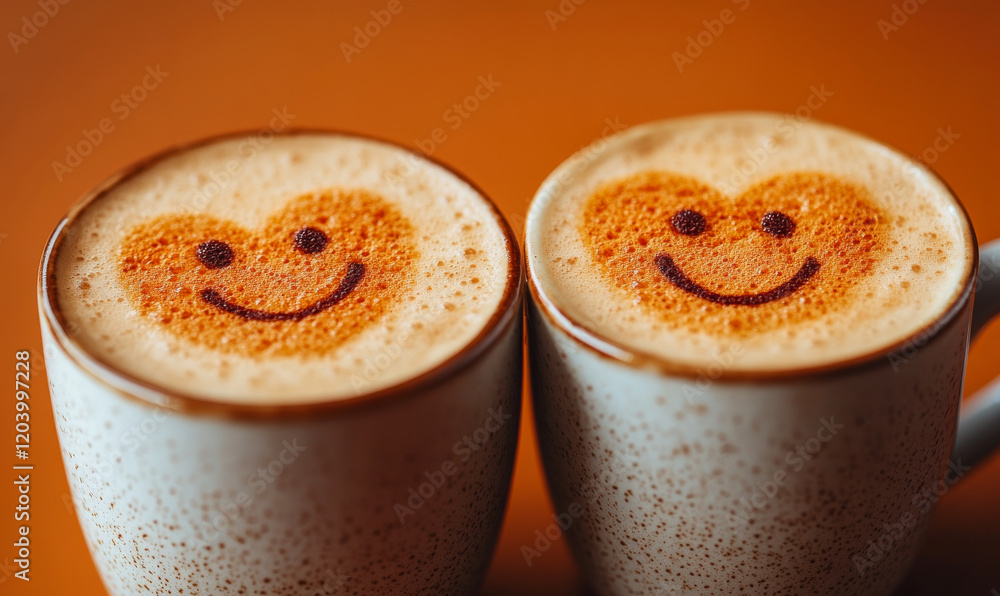 Poster two coffee cups with smiling faces on them. the cups are white and have a heart design on them. conc