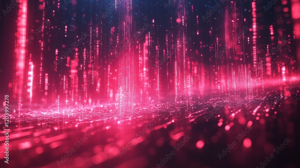 Poster abstract red digital data streams flow downward like rain, a futuristic technological visualization 