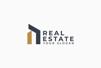 Initial Letter N Real Estate Logo. Black and Gold Hexagon on White Background Design Element Usable for Architecture, apartment, house, home, construction, Residential, Property Business Brand.