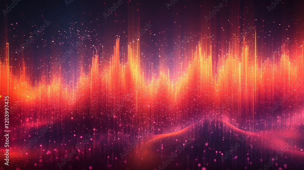 Poster abstract digital wave with glowing particles and vibrant red and orange streaks creating a cosmic or