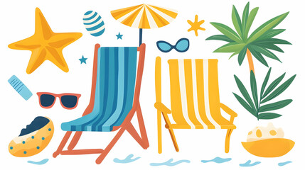 Obraz premium Beach chairs, sunglasses, and tropical elements; summer vacation; idyllic beach scene; perfect for travel brochures