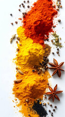 Colorful spices arranged on white background, food photography, recipe ingredient