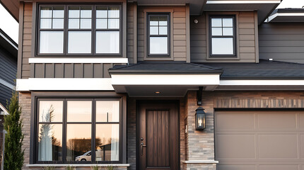 Naklejka premium Modern House Exterior: Luxury Home Design and Architecture. Contemporary Home Facade with Brick and Stone. Real Estate Photography